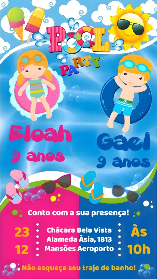 Convite Festa na Piscina Menino e Menina – tema Aniversário Infantil colorido, tropical, divertido, veranilho, praiano, moderno