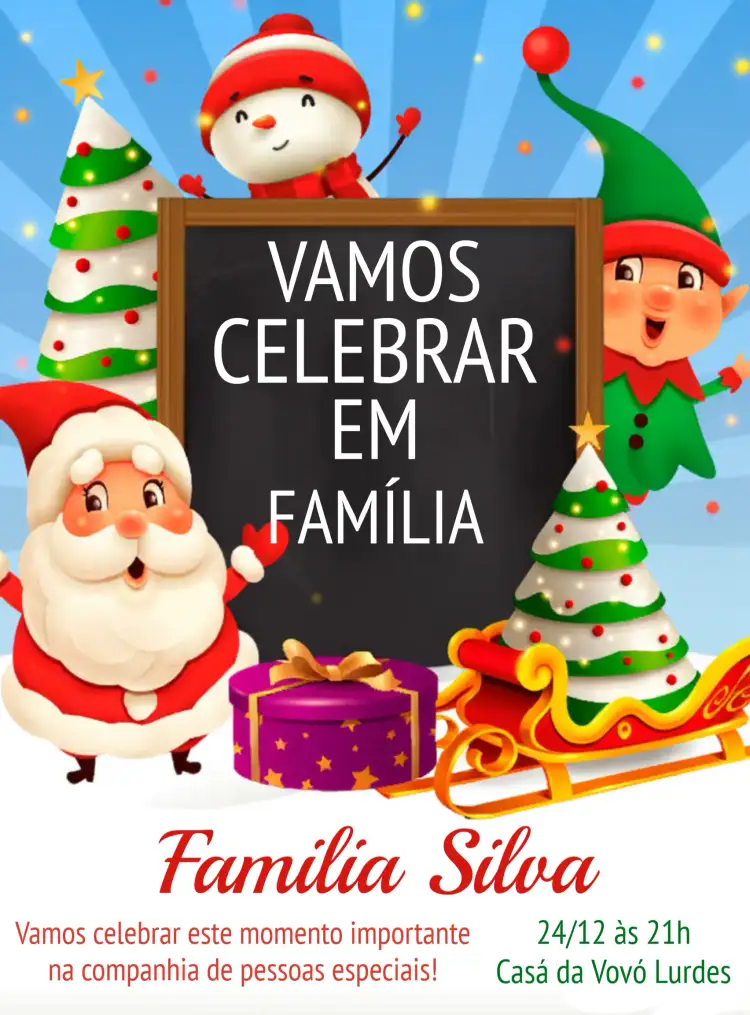 Convite Festa Natal Em Família Noel – tema Datas Comemorativas colorido, lúdico, inspirado no inverno, vintage, festivo