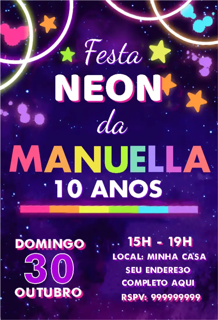 Convite Festa Neon 1 – tema Aniversário Infantil neon, colorido, moderno, divertido, balada, jovial