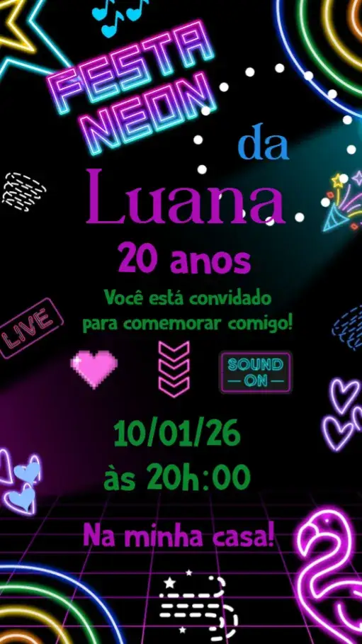 Convite Festa Neon – tema Aniversário neon, colorido, moderno, iluminação, vibrante, divertido