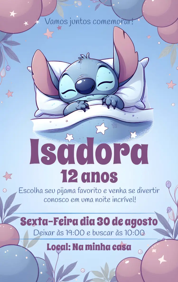Convite Festa Pijama Stitch Lilo Azul