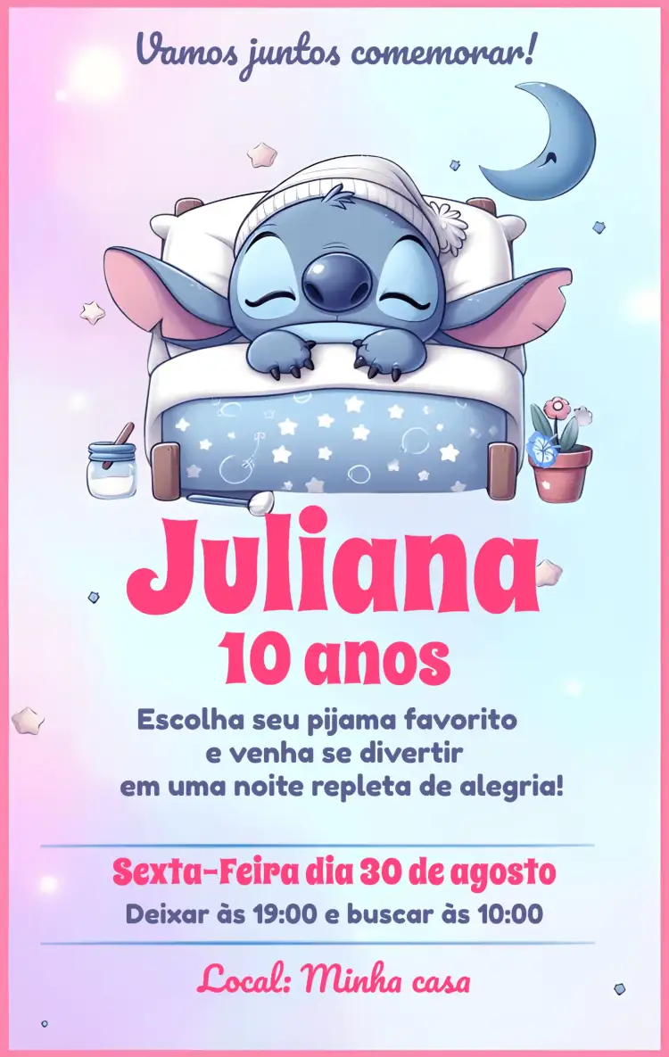 Convite Festa Pijama Stitch Menina – tema Mais pesquisados roxo, lilás, rosa, temático, divertido, infantil