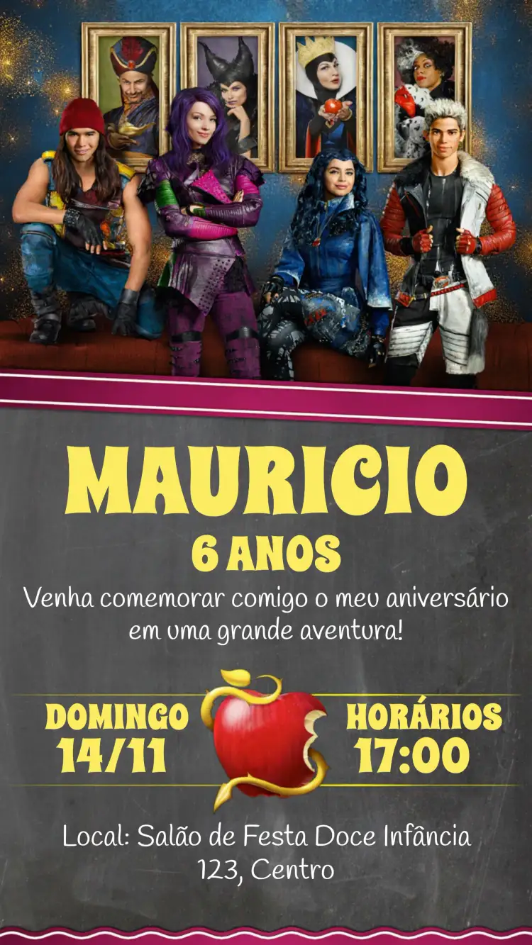 Convite Filme Descendentes Adolescente – tema Aniversário Infantil chalkboard, moderno, colorido, infantil, aventura