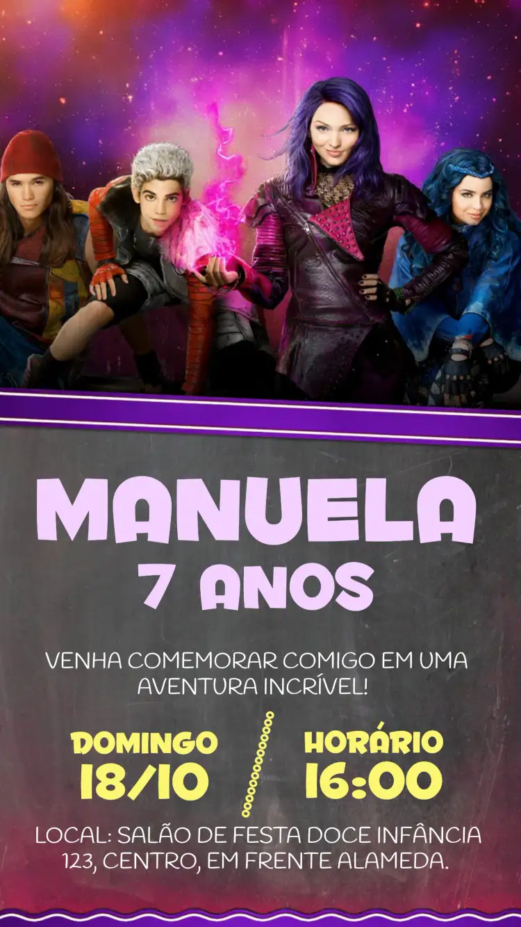 Convite Filme Descendentes Ben – tema Aniversário Infantil lilás, amarelo, chalkboard, heróis adolescentes, festa mágica, universo Disney
