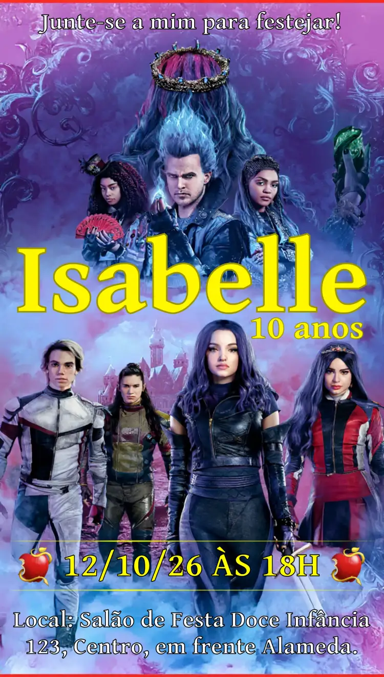 Convite Filme Os Descendentes Adolescentes – tema Aniversário Infantil colorido, fantasia, mágico, moderno, temático, divertido