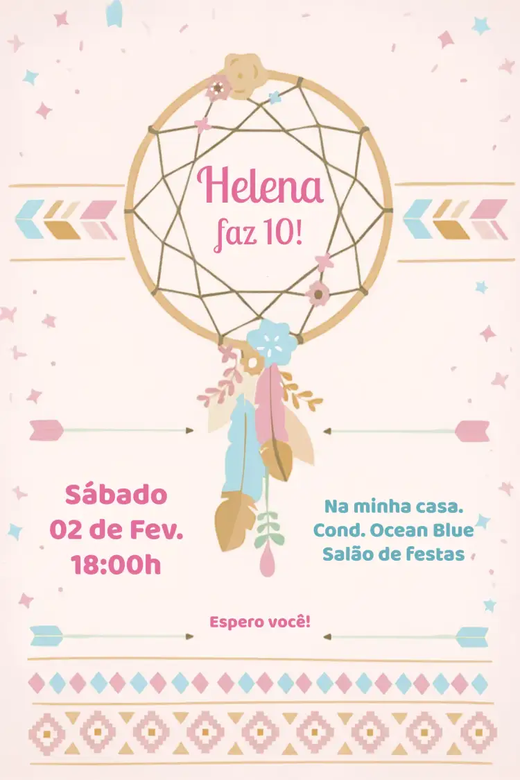 Convite Filtro Dos Sonhos Baho – tema Datas Comemorativas boho, azul, rosa, sonhos, moderno