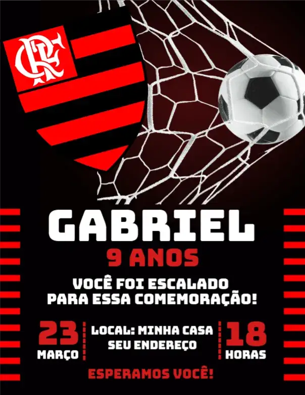 Convite Flamengo 2 – tema Aniversário vermelho e preto, futebol, moderno, divertido, esportivo, colorido