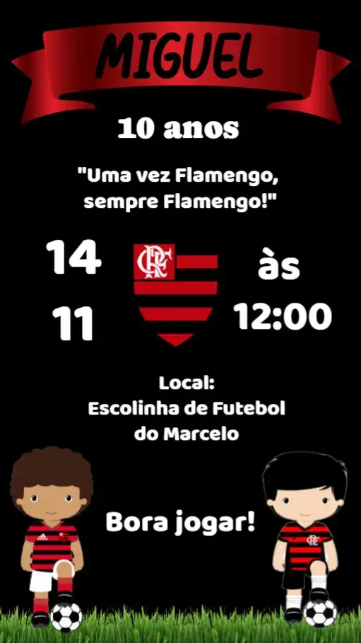 Convite Flamengo – tema Aniversário vermelho e preto, moderno, esportivo, dinâmico, minimalista