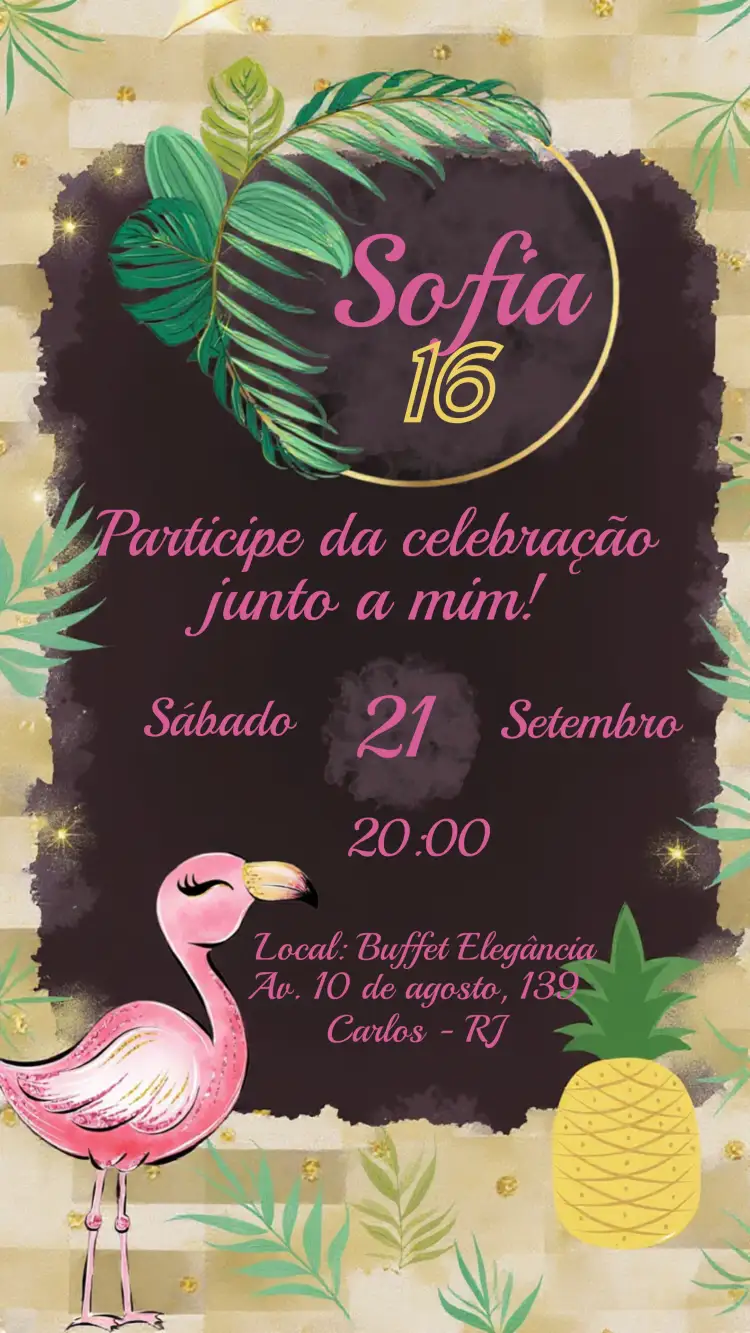 Convite Flamingo Frutas – tema 15 anos tropical, colorido, divertido, veranil, vibrante, modern