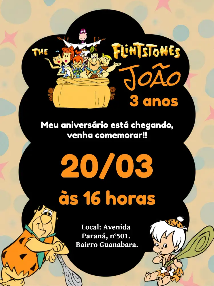Convite Flintstones Pedra – tema Aniversário Infantil temática Flintstones, pré-história, dinossauros, cores vibrantes, estilo lúdico, animação