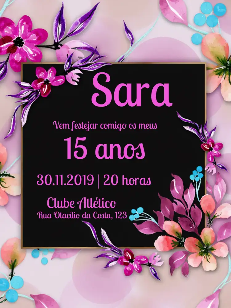 Convite Floral 15 Anos Coquetel – tema 15 anos floral, listrado, moderno, elegante, feminino, preto e branco