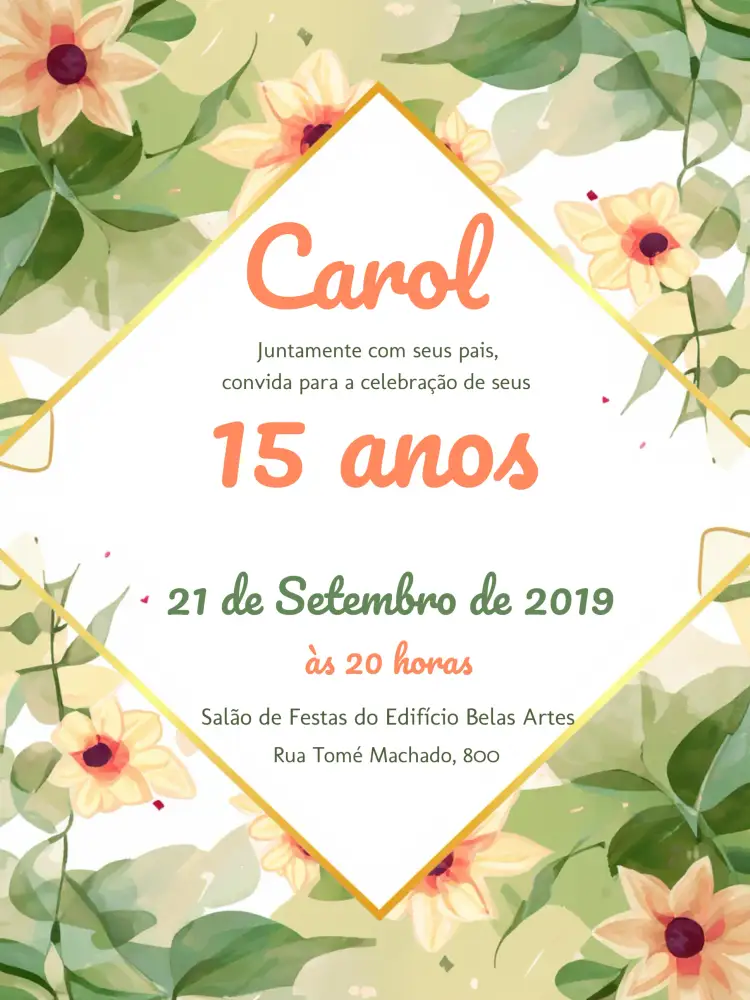 Convite Floral - 15 Anos Laranja – tema 15 anos floral, laranja, elegante, jovem, colorido