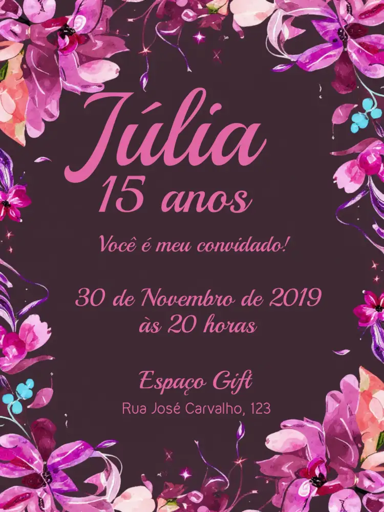 Convite Floral 15 Anos - Preto E Rosa Arco – tema 15 anos floral, moderno, elegante, preto e rosa, feminino, chique