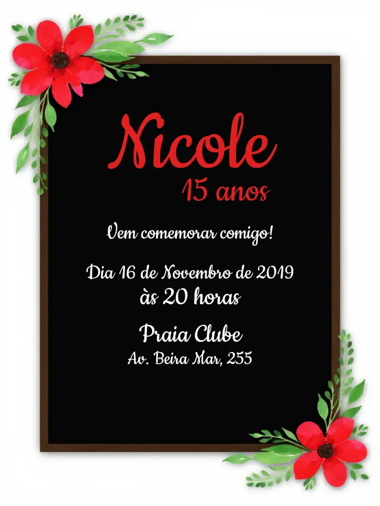 Convite Floral 15 Anos - Preto,branco E Vermelho Xadrez – tema 15 anos floral, xadrez, moderno, elegante, sophisticated