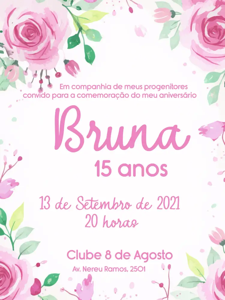 Convite Floral 15 Anos - Rosa Preto Flores – tema Aniversário floral, moderno, elegante, rosa, preto, sofisticado