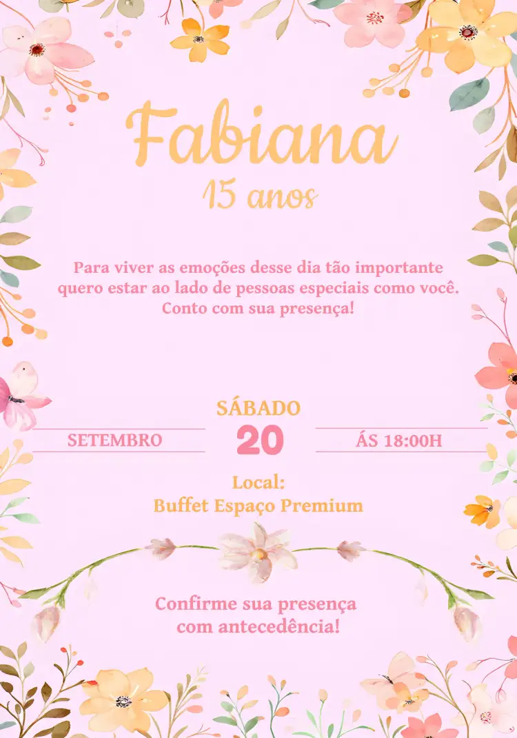 Convite Floral 15 – tema 15 anos floral, delicado, rosa, moderno, elegante, colorido