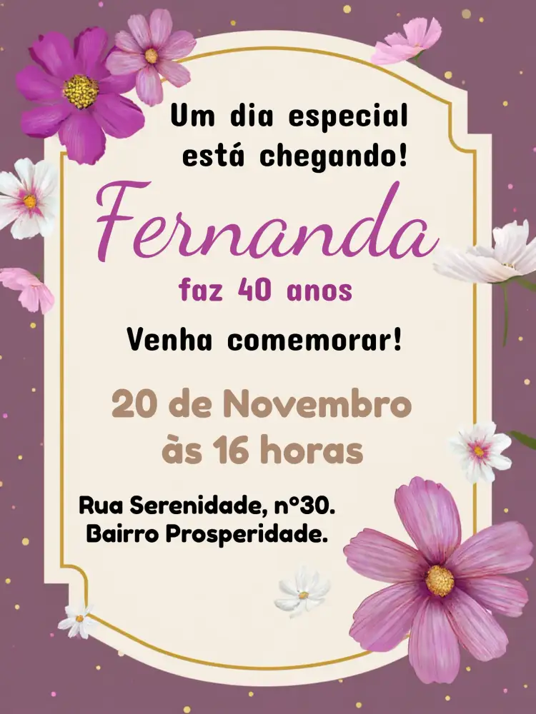 Convite Floral 50 – tema Aniversário floral, delicado, dourado, moderno, elegante, vibrante