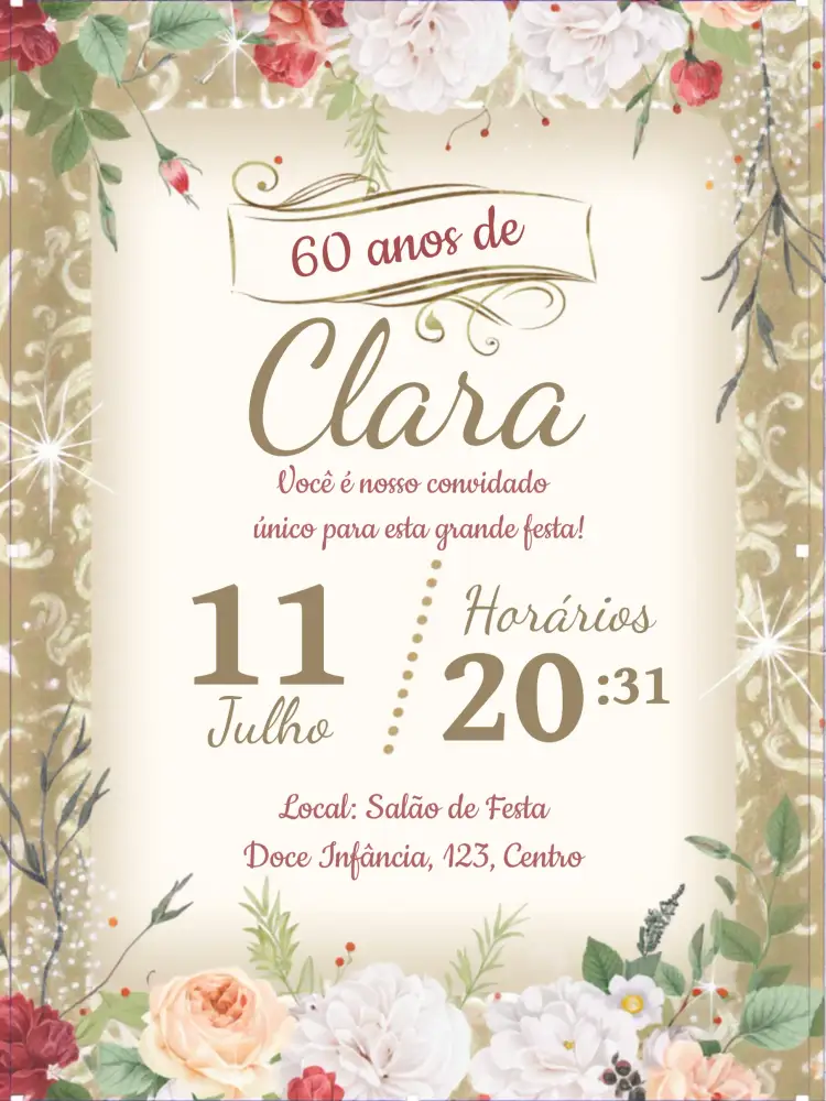 Convite Floral 60 – tema Aniversário floral, dourado, elegante, moderno, romântico, feminino