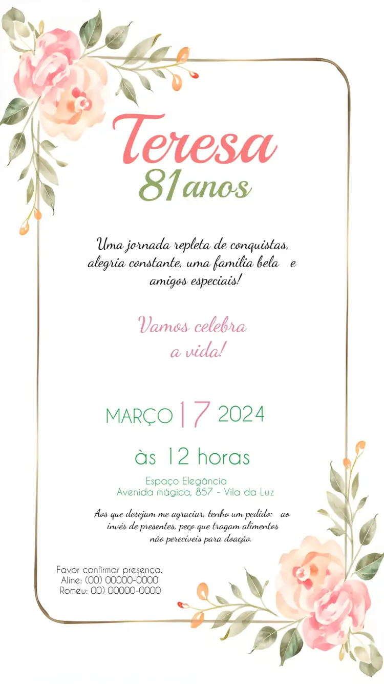 Convite Floral Adulto – tema Aniversário floral, elegante, vibrante, verde, rosa, moderno