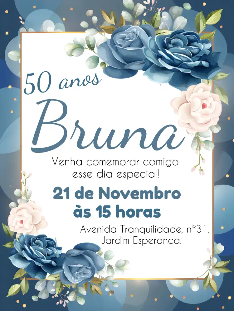 Convite Floral Adulto – tema Aniversário floral, elegante, azul, dourado, moderno, delicado