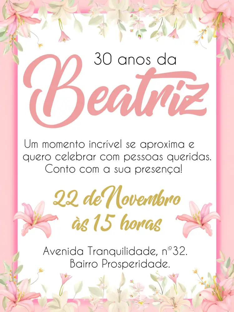 Convite Floral Arranjo – tema Aniversário floral, delicado, dourado, moderno, elegante