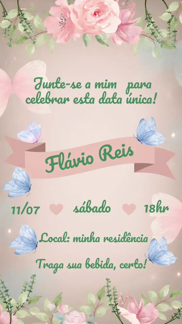 Convite Floral Azul – tema Aniversário floral, moderno, elegante, colorido, vibrante, tropical