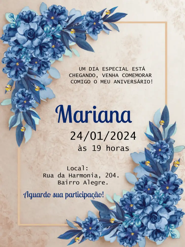 Convite Floral Azul Dourado – tema Aniversário floral, elegante, dourado, moderno, vibrante, sofisticado