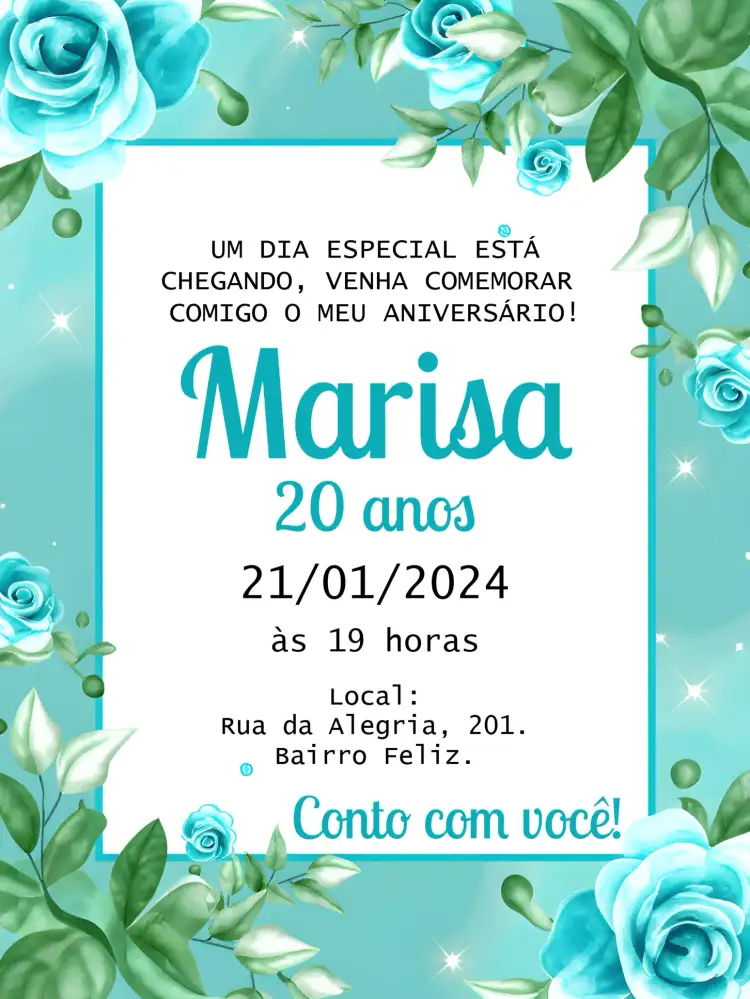 Convite Floral Azul Tiffany Adulto – tema Aniversário floral, azul, elegante, moderno, festa, adulto