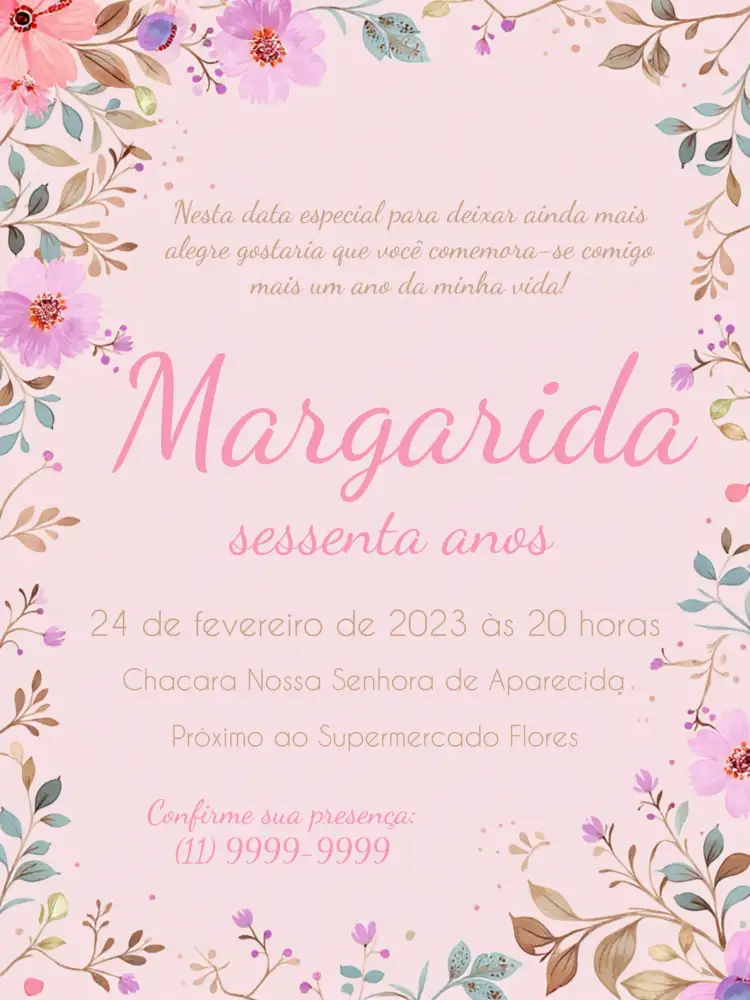 Convite Floral Bege – tema Batizado floral, delicado, suave, elegante, moderno