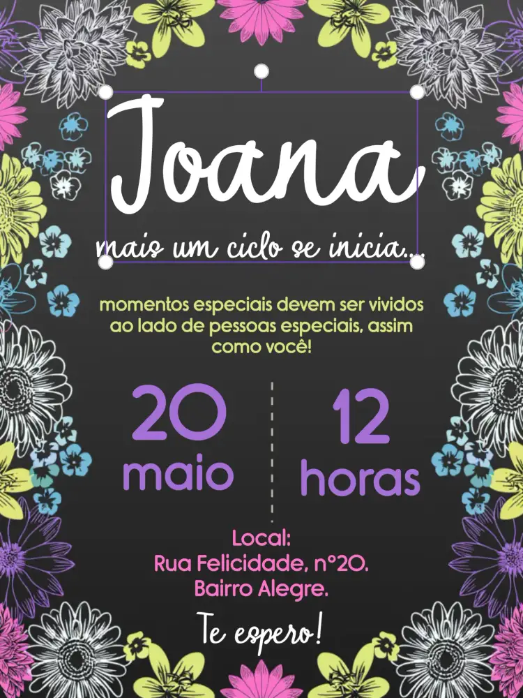 Convite Floral Chalkboard Quadro – tema Aniversário floral, chalkboard, colorido, primavera, moderno