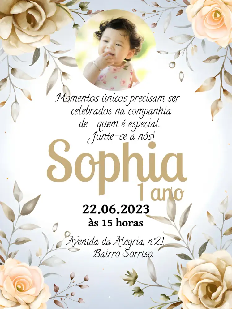 Convite Floral Com Foto Jardim – tema Aniversário floral, delicado, dourado, moderno, elegante, mágico