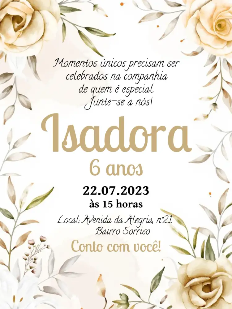 Convite Floral Delicado – tema Aniversário floral, delicado, elegante, suave, romântico, jardim