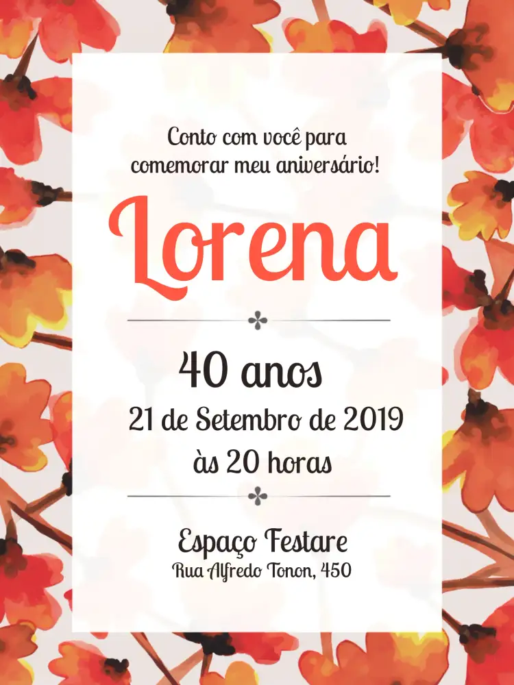 Convite Floral - Laranja E Branco Adulto – tema Aniversário floral, vibrante, moderno, elegante, descontraído, colorido