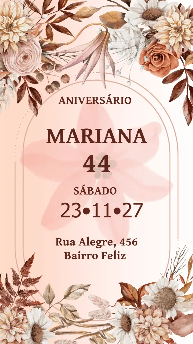 Convite Floral Marrom – tema Aniversário floral, elegante, moderno, neutro, natural, sustentável