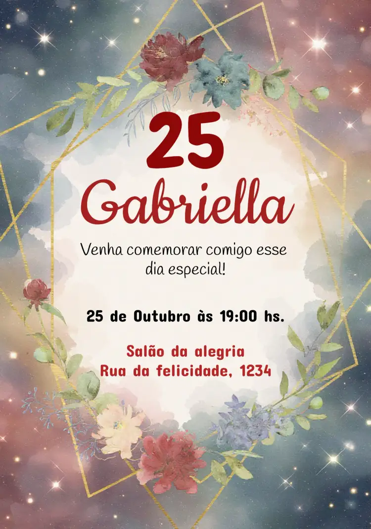 Convite Floral Marsala – tema Aniversário floral, elegante, moderno, marsala, romântico, adulto