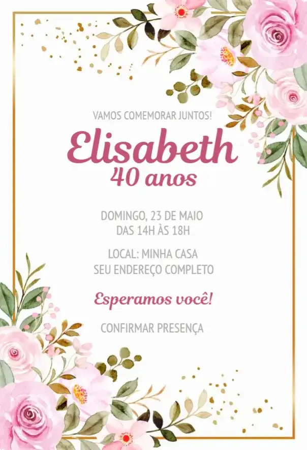 Convite Floral rosa 1 – tema Cartão floral, rosa, aquarela, dourado, elegante, moderno