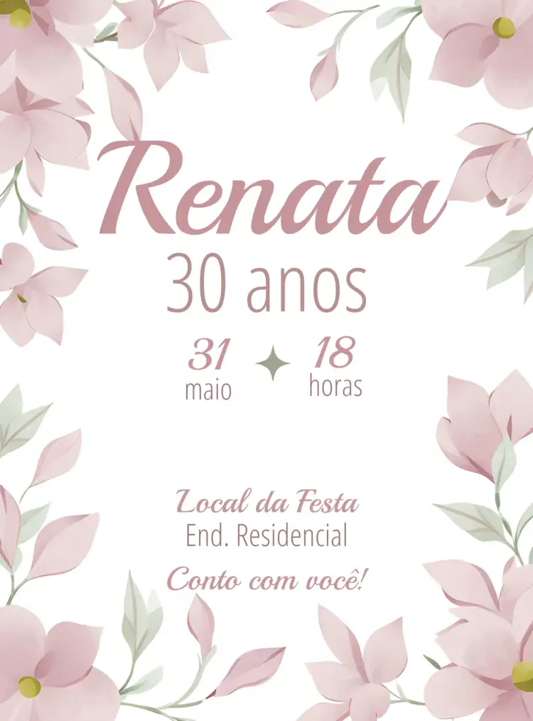 Convite Floral Rosa Adulto – tema Aniversário floral, rosa, elegante, moderno, sustentável, sofisticado