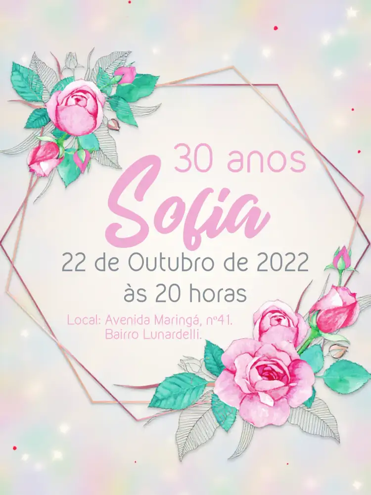 Convite Floral Rose – tema Aniversário floral, elegante, delicado, moderno, rosa e preto, vintage