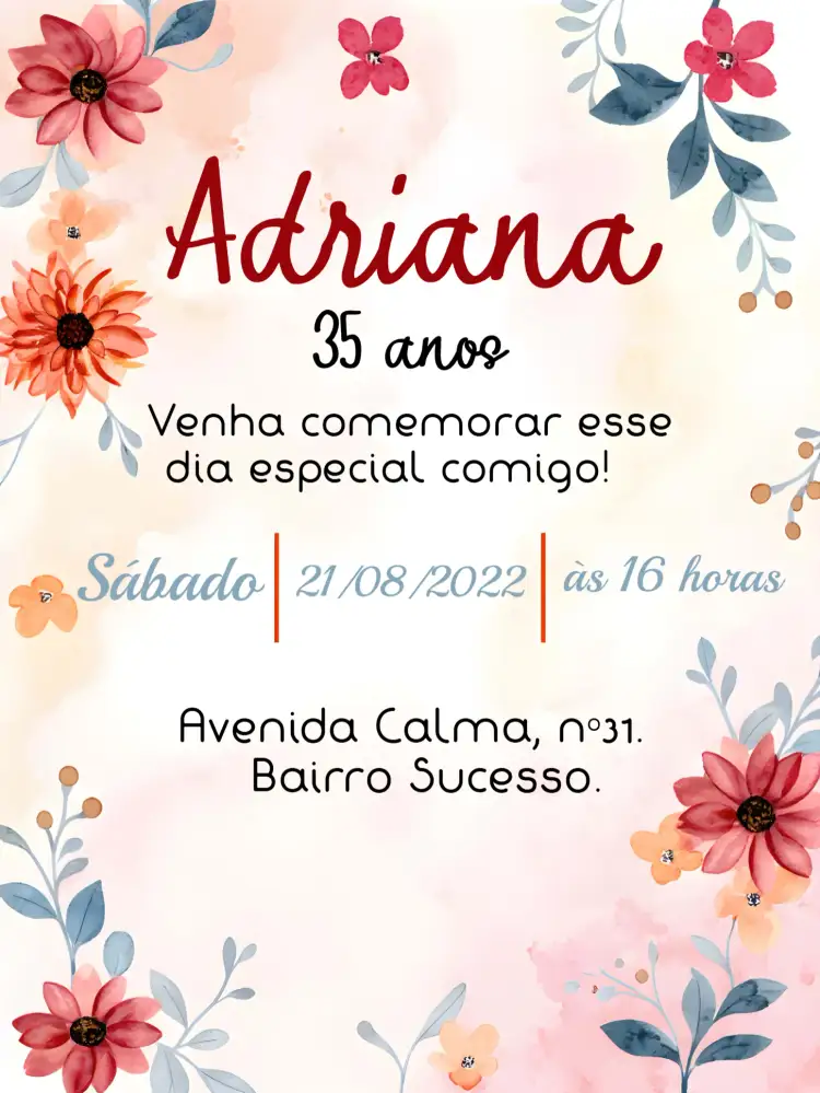 Convite Floral Vinho – tema Aniversário floral, vintage, aquarela, elegante, moderno, delicado