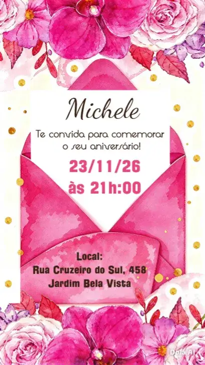 Convite Flores rosa – tema Aniversário