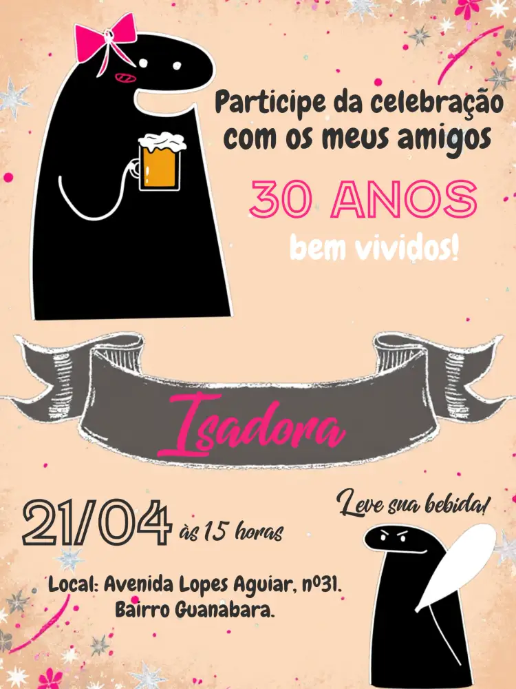 Convite Flork Bentô Boteco – tema Aniversário chalkboard, rosa e preto, moderno, divertido, descontraído, boteco