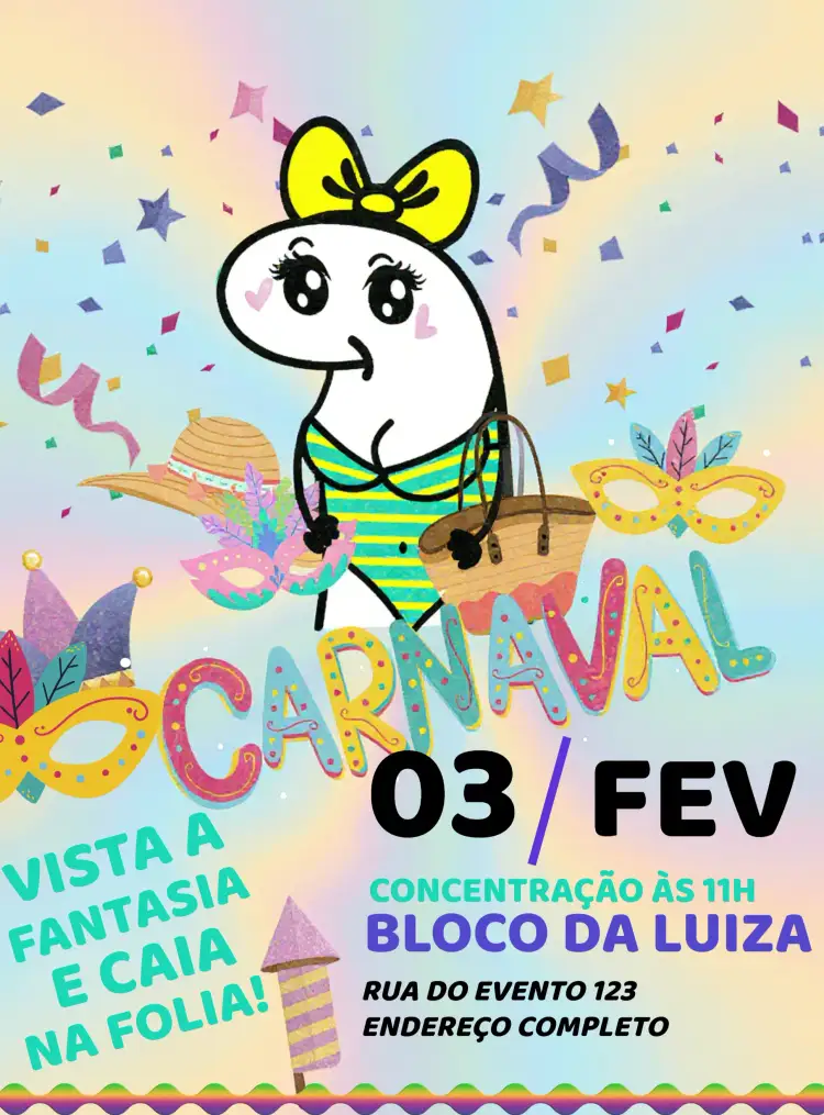 Convite Flork Bloco De Carnaval Máscaras – tema Datas Comemorativas colorido, divertido, moderno, temático, alegre