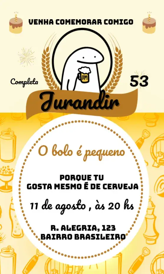 Convite Flork Cerveja Meme Churrasco – tema Aniversário colorido, humorístico, descontraído, boteco, moderno