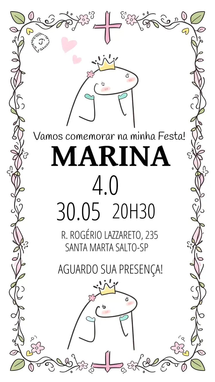 Convite Flork Floral Bentô – tema Aniversário floral, colorido, moderno, divertido, meme, jovial