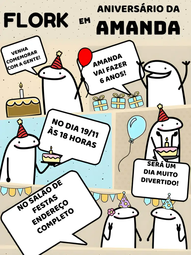 Convite Flork Rosa – tema Mais pesquisados colorido, divertido, moderno, temático, infantil, ilustrações de personagens