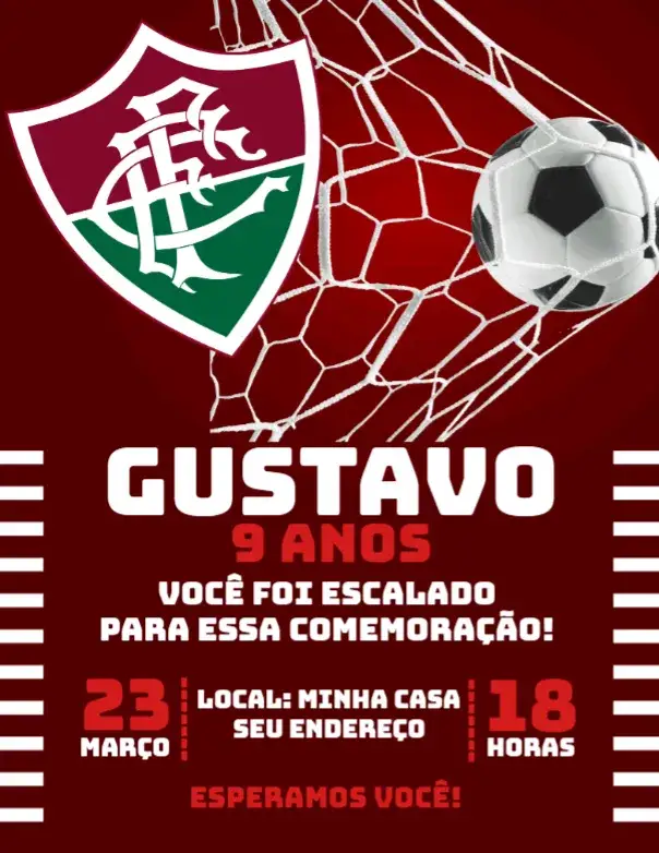 Convite Fluminense 1 – tema Aniversário esportivo, colorido, divertido, jovial, futebol, temática Fluminense