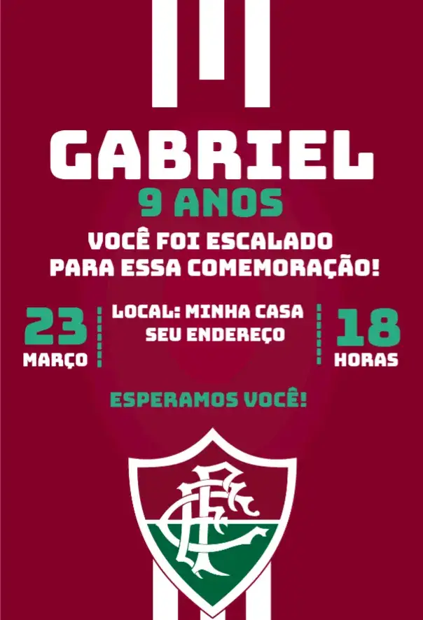 Convite Fluminense 2 – tema Aniversário futebol, colorido, divertido, jovem, moderno