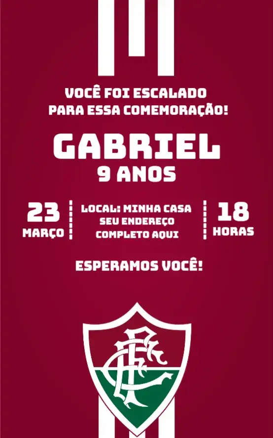 Convite Fluminense 3 – tema Aniversário futebol, moderno, vibrante, esportivo, divertido, temático