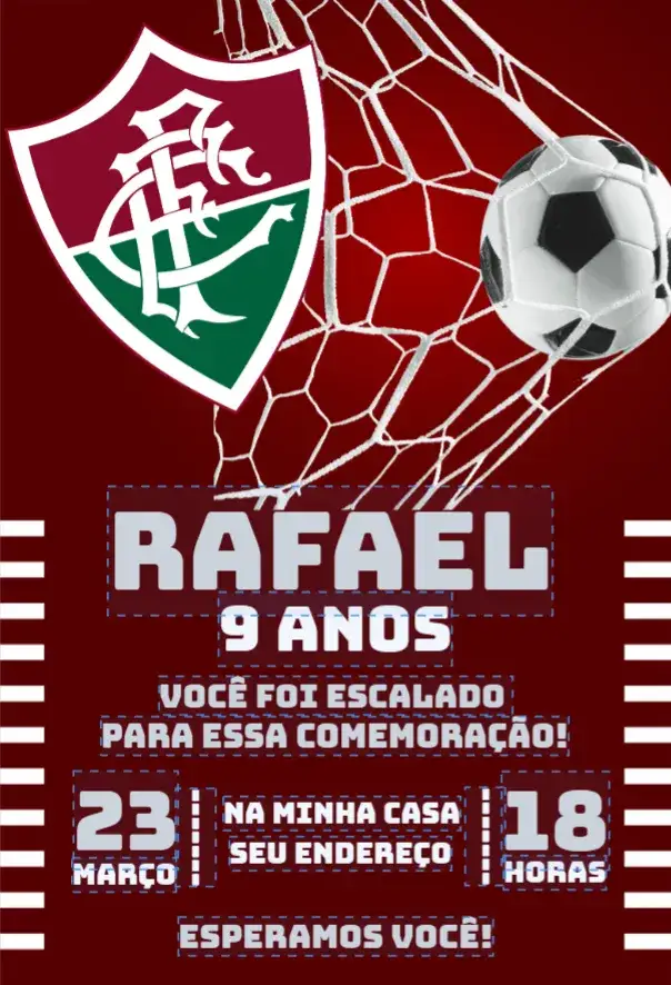 Convite Fluminense 3 – tema Aniversário verde e marrom, estilo esportivo, elementos de futebol, design vibrante, moderno, jovial