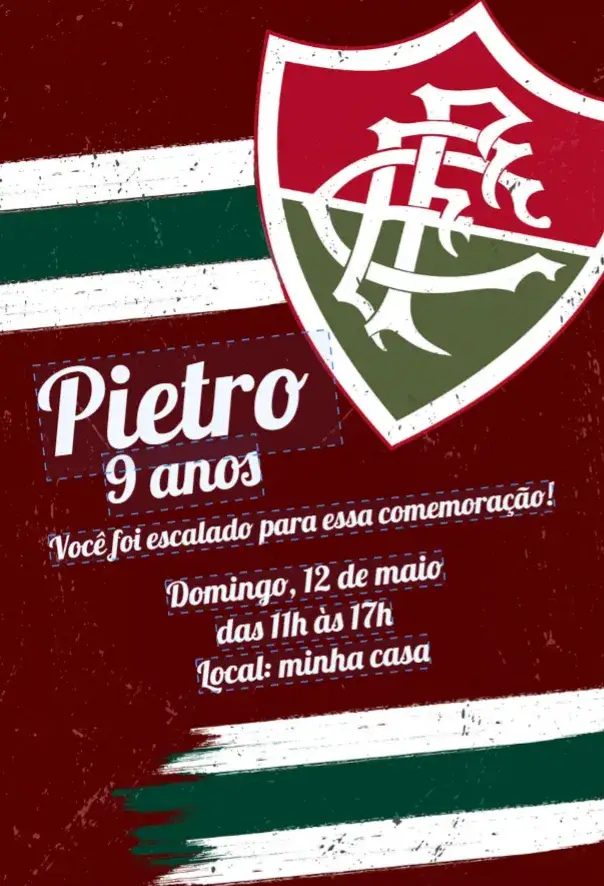 Convite Fluminense – tema Aniversário verde e branco, estilo esportivo, grafismos de futebol, design moderno, ilustrações de times, temática de torcida